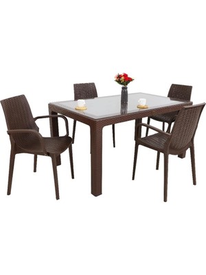 Vera Concept Store Mandella Elit Rattan 90X150 4 Kişilik Nirvana Koltuk Camlı Masa Takımı Kahverengi