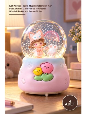 Yenilig 4 Adet Kar Küresi – Işıklı Müzikli Otomatik Kar Püskürtmeli Cam Fanus Polyester Gövdeli Dekoratif Snow Globe