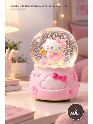 Yenilig 5 Adet Hello Kity Işıklı Müzikli Püskürtmeli Büyük Kar Küresi – Cam Fanus, Polyester Gövde, Otomatik Kar, Işıklı Müzikli Snow Globe Dekoratif