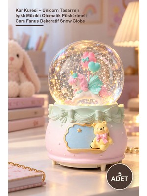 Yenilig 5 Adet Kar Küresi – Unicorn Tasarımlı Işıklı Müzikli Otomatik Püskürtmeli Cam Fanus Dekoratif Snow Globe