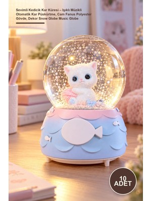 Yenilig 10 Adet Sevimli Kedicik Kar Küresi – Işıklı Müzikli Otomatik Kar Püskürtme, Cam Fanus Polyester Gövde, Dekor Snow Globe Music Globe