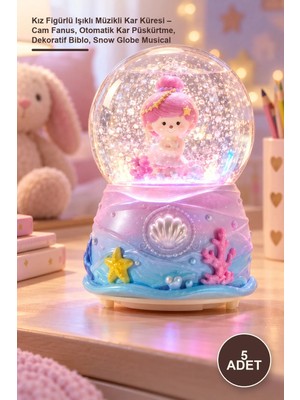 Yenilig 5 Adet Kız Figürlü Işıklı Müzikli Kar Küresi – Cam Fanus, Otomatik Kar Püskürtme, Dekoratif Biblo, Snow Globe Musical