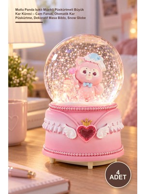 Yenilig 4 Adet Mutlu Panda Işıklı Müzikli Püskürtmeli Büyük Kar Küresi – Cam Fanus, Otomatik Kar Püskürtme, Dekoratif Masa Biblo, Snow Globe