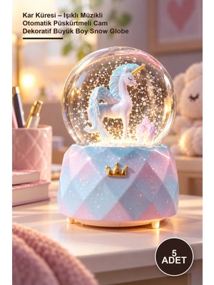 Yenilig 5 Adet Kar Küresi – Işıklı Müzikli Otomatik Püskürtmeli Cam Dekoratif Büyük Boy Snow Globe