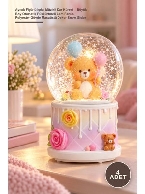 Yenilig 4 Adet Ayıcık Figürlü Işıklı Müzikli Kar Küresi – Büyük Boy Otomatik Püskürtmeli Cam Fanus Polyester Gövde Masaüstü Dekor Snow Globe