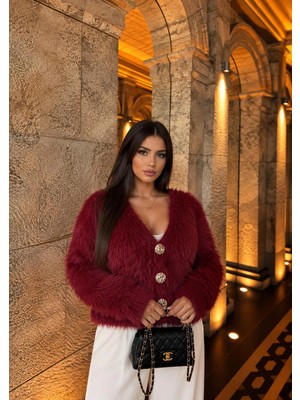 Elora Atelier BORDO SAKALLI GOLD DÜĞMELİ V YAKA TRİKO