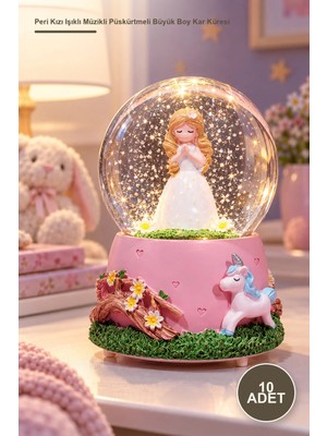 Yenilig 10 Adet Peri Kızı Işıklı Müzikli Püskürtmeli Büyük Boy Kar Küresi – Cam Fanus, Polyester Gövde, Otomatik Kar Püskürtme, Işıklı Müzik Snow Globe Dekor