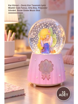 Yenilig 10 Adet Kar Küresi – Deniz Kızı Tasarımlı Işıklı Müzikli Cam Fanus, Orta Boy, Polyester Gövdeli, Snow Globe Music Box