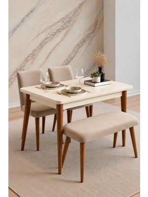 Maq Home Netha 70X110 Açılır Mutfak Masası Takımı Lake Mdf 4 Kişilik 2 Sandalye 1 Bench Ahşap Ayaklı Krem Ceviz
