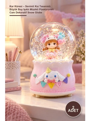 Yenilig 2 Adet Kar Küresi – Sevimli Kız Tasarımlı Büyük Boy Işıklı Müzikli Püskürtmeli Cam Dekoratif Snow Globe