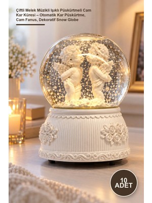 Yenilig 10 Adet Çiftli Melek Müzikli Işıklı Püskürtmeli Cam Kar Küresi – Otomatik Kar Püskürtme, Cam Fanus, Dekoratif Snow Globe