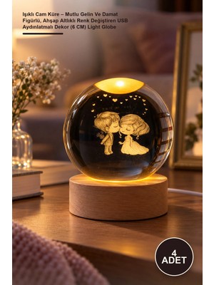 Yenilig 4 Adet Işıklı Cam Küre – Mutlu Gelin ve Damat Figürlü, Ahşap Altlıklı Renk Değiştiren USB Aydınlatmalı Dekor (6 Cm) Light Globe