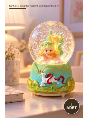Yenilig 1 Adet Kar Küresi Deniz Kızı Tasarımlı Işıklı Müzikli Orta Boy – Cam Fanus ve Polyester Gövde, Işıklı Müzikli Dekor, Snow Globe, Music Snow Globe