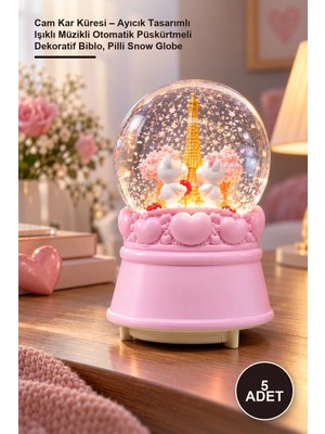 Yenilig 5 Adet Cam Kar Küresi – Ayıcık Tasarımlı Işıklı Müzikli Otomatik Püskürtmeli Dekoratif Biblo, Pilli Snow Globe