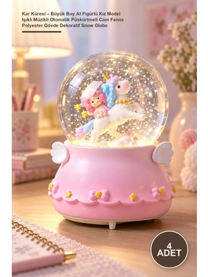 Yenilig 4 Adet Kar Küresi – Büyük Boy At Figürlü Kız Model Işıklı Müzikli Otomatik Püskürtmeli Cam Fanus Polyester Gövde Dekoratif Snow Globe
