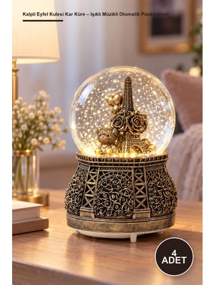 Yenilig 4 Adet Kalpli Eyfel Kulesi Kar Küre – Işıklı Müzikli Otomatik Püskürtmeli Cam Dekoratif Snow Globe Masaüstü Biblo Büyük Boy (16 cm x 10 Cm)