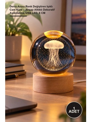 Yenilig 1 Adet Deniz Anası Renk Değiştiren Işıklı Cam Küre – Ahşap Altlıklı Dekoratif Aydınlatma, USB Led, 6 cm