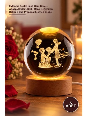 Yenilig 5 Adet Evlenme Teklifi Işıklı Cam Küre – Ahşap Altlıklı Usb'li Renk Değiştiren Dekor 6 Cm, Proposal Lighted Globe