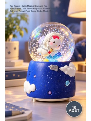 Yenilig 10 Adet Kar Küresi – Işıklı Müzikli Otomatik Kar Püskürtmeli Cam Fanus Polyester Alt Dekoratif Astronot Temalı Figür Snow Globe Music Box