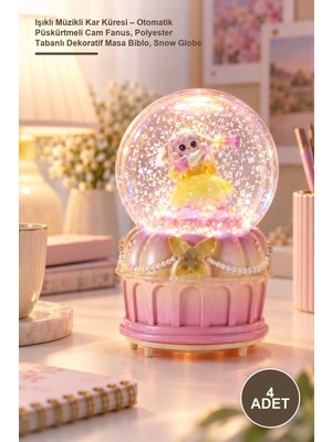 Yenilig 4 Adet Işıklı Müzikli Kar Küresi – Otomatik Püskürtmeli Cam Fanus, Polyester Tabanlı Dekoratif Masa Biblo, Snow Globe