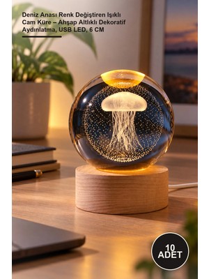 Yenilig 10 Adet Deniz Anası Renk Değiştiren Işıklı Cam Küre – Ahşap Altlıklı Dekoratif Aydınlatma, USB Led, 6 cm