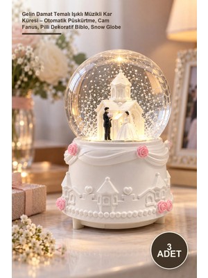 Yenilig 3 Adet Gelin Damat Temalı Işıklı Müzikli Kar Küresi – Otomatik Püskürtme, Cam Fanus, Pilli Dekoratif Biblo, Snow Globe