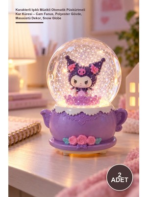 Yenilig 2 Adet Karakterli Işıklı Müzikli Otomatik Püskürtmeli Kar Küresi – Cam Fanus, Polyester Gövde, Masaüstü Dekor, Snow Globe
