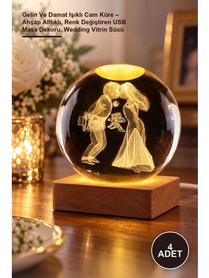 Yenilig 4 Adet Gelin ve Damat Işıklı Cam Küre – Ahşap Altlıklı, Renk Değiştiren USB Masa Dekoru, Wedding Vitrin Süsü
