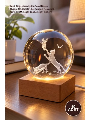 Yenilig 10 Adet Renk Değiştiren Işıklı Cam Küre – Ahşap Altlıklı USB Ile Çalışan Dekoratif Küre, 8 Cm, Light Globe Light Sphere