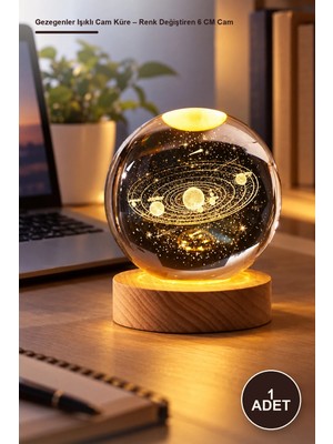 Yenilig 1 Adet Gezegenler Işıklı Cam Küre – Renk Değiştiren 6 cm Cam Küre Ahşap Altlık USB Ile Çalışan Dekoratif Masa Raf Vitrin Aksesuarı Light Globe