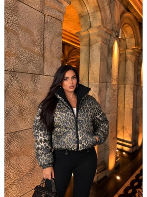 Elora Atelier LEOPAR HAKİ PELUŞ YAKALI KAPİTONE MONT