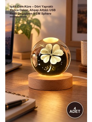 Yenilig 4 Adet Işıklı Cam Küre – Dört Yapraklı Yonca Dekor, Ahşap Altlıklı USB Renk Değiştiren 8 cm Sphere
