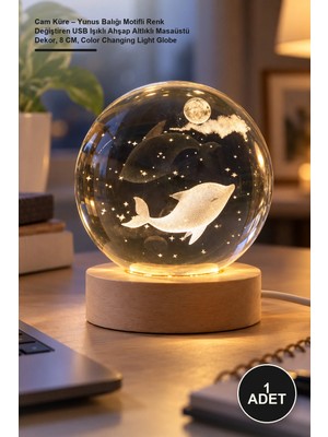 Yenilig 1 Adet Cam Küre – Yunus Balığı Motifli Renk Değiştiren USB Işıklı Ahşap Altlıklı Masaüstü Dekor, 8 Cm, Color Changing Light Globe