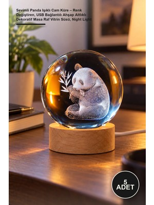 Yenilig 5 Adet Sevimli Panda Işıklı Cam Küre – Renk Değiştiren, USB Bağlantılı Ahşap Altlıklı Dekoratif Masa Raf Vitrin Süsü, Night Light