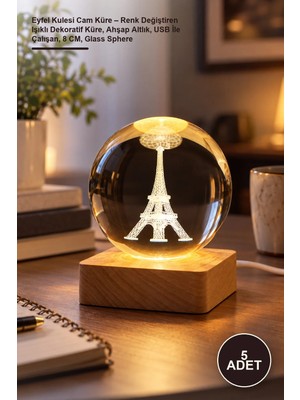 Yenilig 5 Adet Eyfel Kulesi Cam Küre – Renk Değiştiren Işıklı Dekoratif Küre, Ahşap Altlık, USB Ile Çalışan, 8 Cm, Glass Sphere