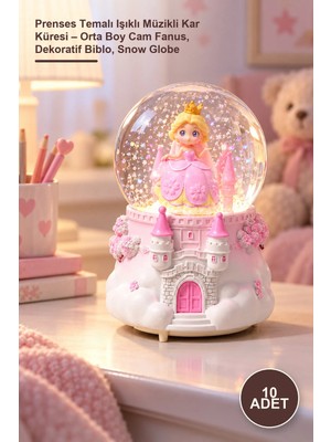 Yenilig 10 Adet Prenses Temalı Işıklı Müzikli Kar Küresi – Orta Boy Cam Fanus, Dekoratif Biblo, Snow Globe