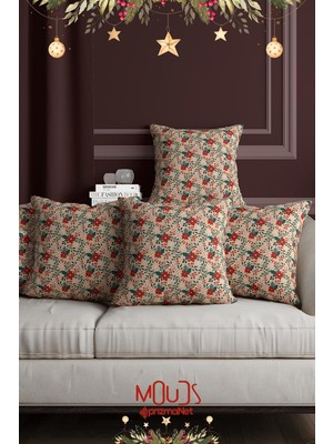 Vera Concept Store Çift Tarafı Baskılı 4'lü Kokina Çiçeği Yılbaşı Desenli Kırlent Kılıfı Yeni Yıl - PL1129-4LÜ