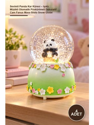 Yenilig 4 Adet Sevimli Panda Kar Küresi – Işıklı Müzikli Otomatik Püskürtmeli Dekoratif Cam Fanus Masa Biblo Snow Globe