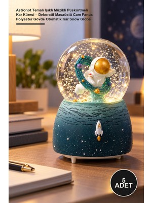 Yenilig 5 Adet Astronot Temalı Işıklı Müzikli Püskürtmeli Kar Küresi – Dekoratif Masaüstü Cam Fanus Polyester Gövde Otomatik Kar Snow Globe