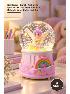 Yenilig 5 Adet Kar Küresi – Kanatlı Kız Figürlü Işıklı Müzikli Orta Boy Cam Fanus, Dekoratif Snow Globe, Ilaçlı Su
