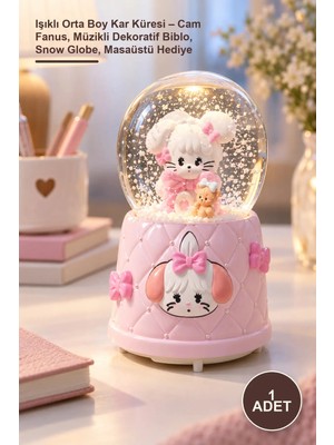 Yenilig 1 Adet Işıklı Orta Boy Kar Küresi – Cam Fanus, Müzikli Dekoratif Biblo, Snow Globe, Masaüstü Hediye