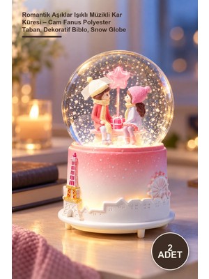 Yenilig 2 Adet Romantik Aşıklar Işıklı Müzikli Kar Küresi – Cam Fanus Polyester Taban, Dekoratif Biblo, Snow Globe