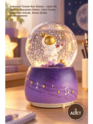 Yenilig 3 Adet Astronot Temalı Kar Küresi – Işıklı ve Müzikli Masaüstü Dekor, Cam Fanus, Polyester Gövde, Snow Globe