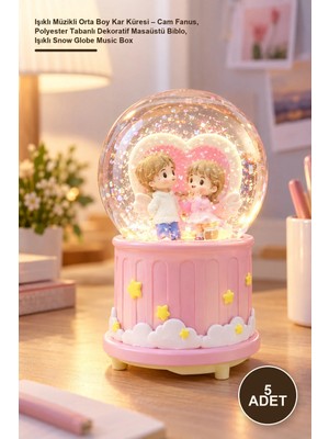 Yenilig 5 Adet Işıklı Müzikli Orta Boy Kar Küresi – Cam Fanus, Polyester Tabanlı Dekoratif Masaüstü Biblo, Işıklı Snow Globe Music Box