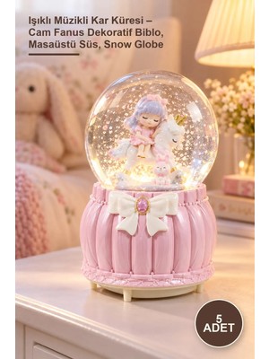 Yenilig 5 Adet Işıklı Müzikli Kar Küresi – Cam Fanus Dekoratif Biblo, Masaüstü Süs, Snow Globe