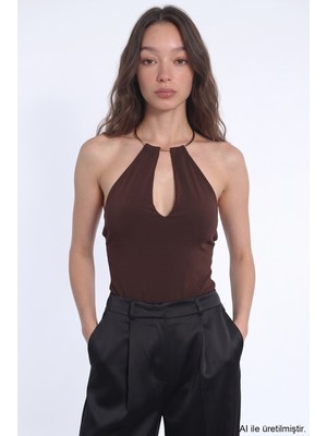 Quzu Gold Halka Aksesuarlı Bodysuit Kahverengi