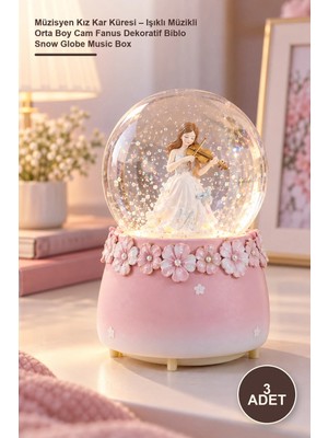 Yenilig 3 Adet Müzisyen Kız Kar Küresi – Işıklı Müzikli Orta Boy Cam Fanus Dekoratif Biblo Snow Globe Music Box