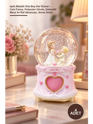 Yenilig 4 Adet Işıklı Müzikli Orta Boy Kar Küresi – Cam Fanus, Polyester Gövde, Dekoratif Masa ve Raf Aksesuarı, Snow Globe