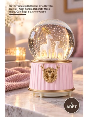 Yenilig 5 Adet Geyik Temalı Işıklı Müzikli Orta Boy Kar Küresi – Cam Fanus, Dekoratif Masa Biblo, Özel Ilaçlı Su, Snow Globe