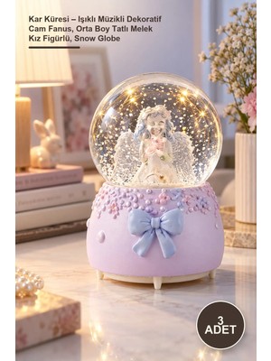 Yenilig 3 Adet Kar Küresi – Işıklı Müzikli Dekoratif Cam Fanus, Orta Boy Tatlı Melek Kız Figürlü, Snow Globe